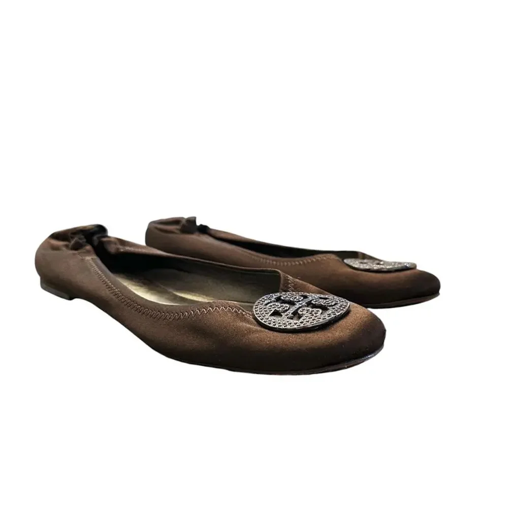 Tory Burch Minnie Crystal Reva Embellished Logo Ballet Flats Size 10 Brown